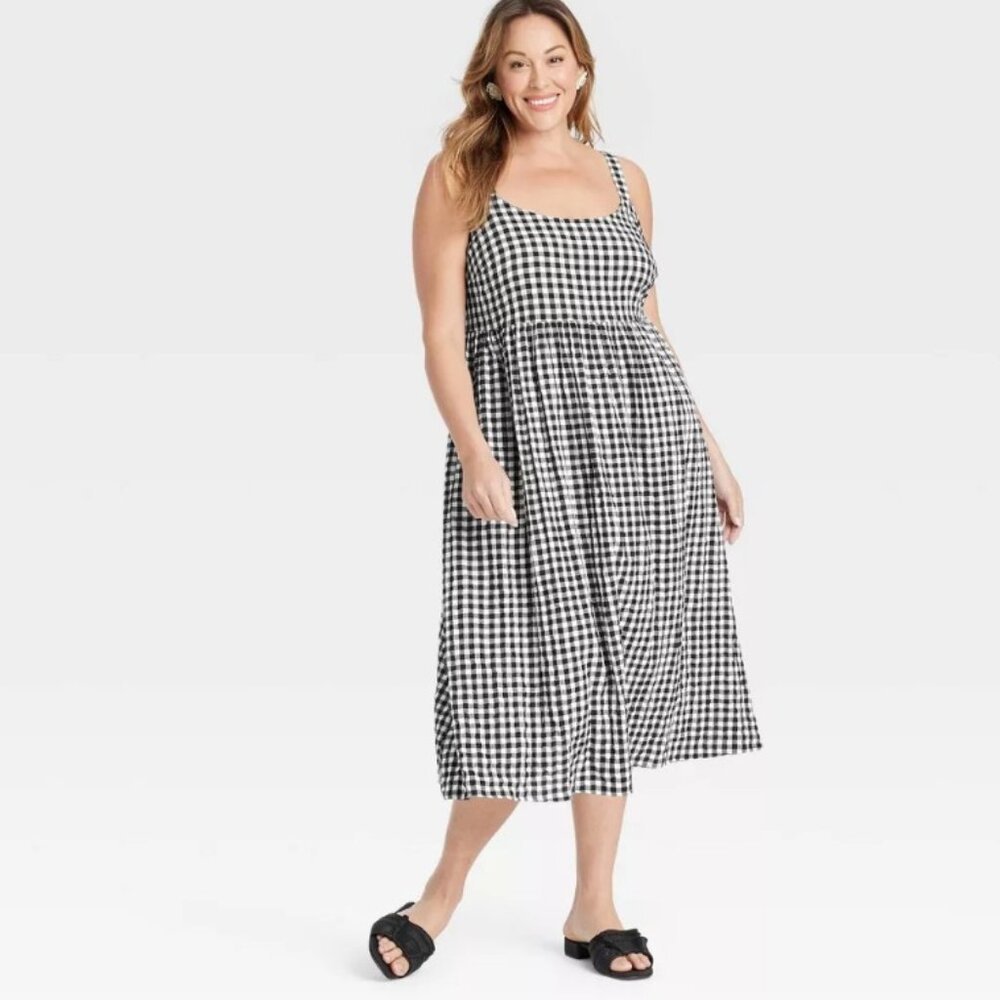 AVA & VIV Black and White Gingham Checkered Midi Empire Waist Sun Dress NWT 1X - Picture 1 of 3